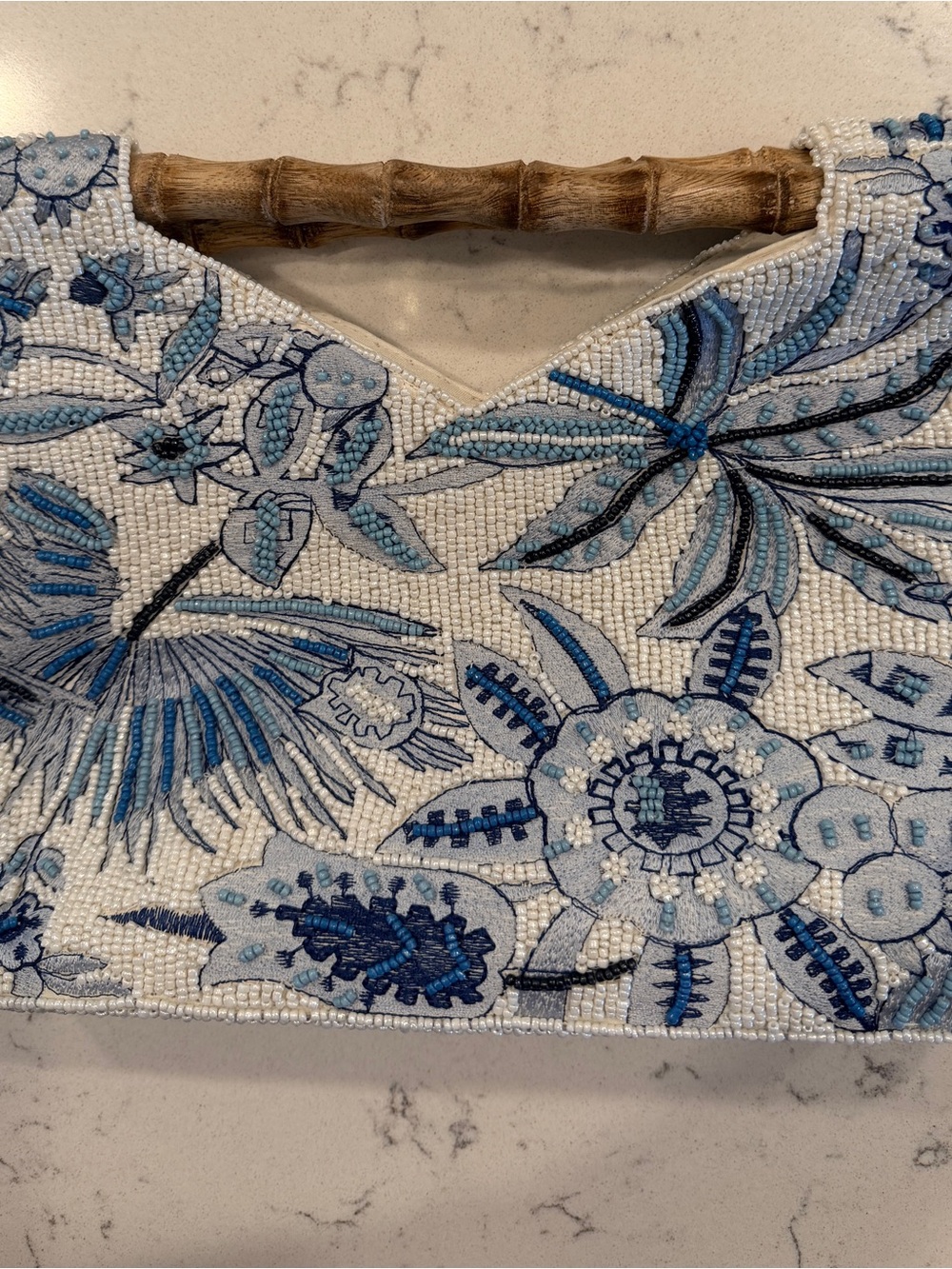 Viral Beaded Floral Handbag with Bamboo Handle - Blue & White